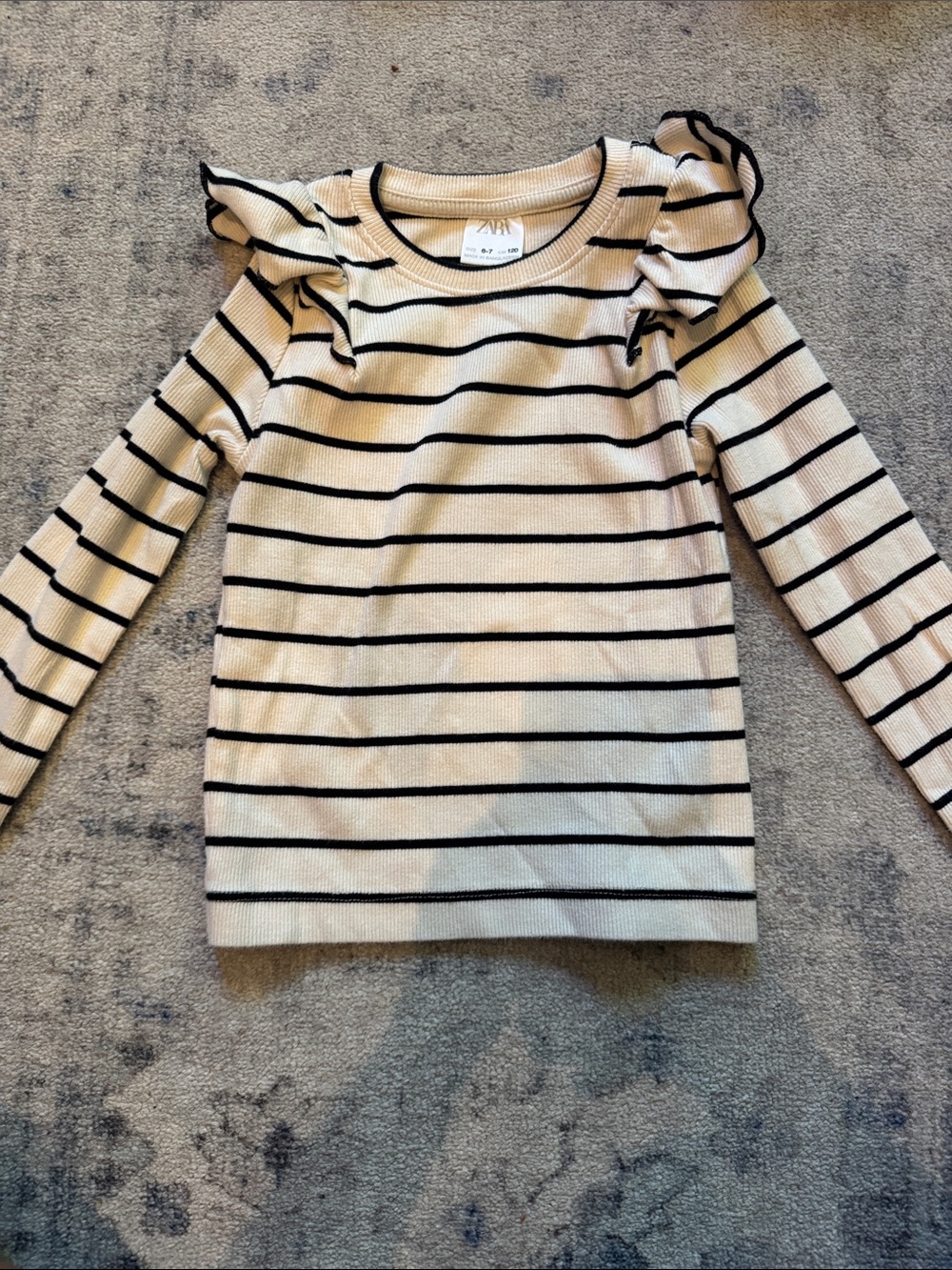 Zara Cream and Black Striped Ruffle-Shoulder Long Sleeve Top